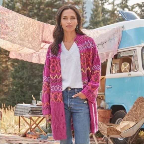 Sundance La Jolla Fair Isle Pink Button Closure Chunky Long Sweater Cardigan - Picture 1 of 12